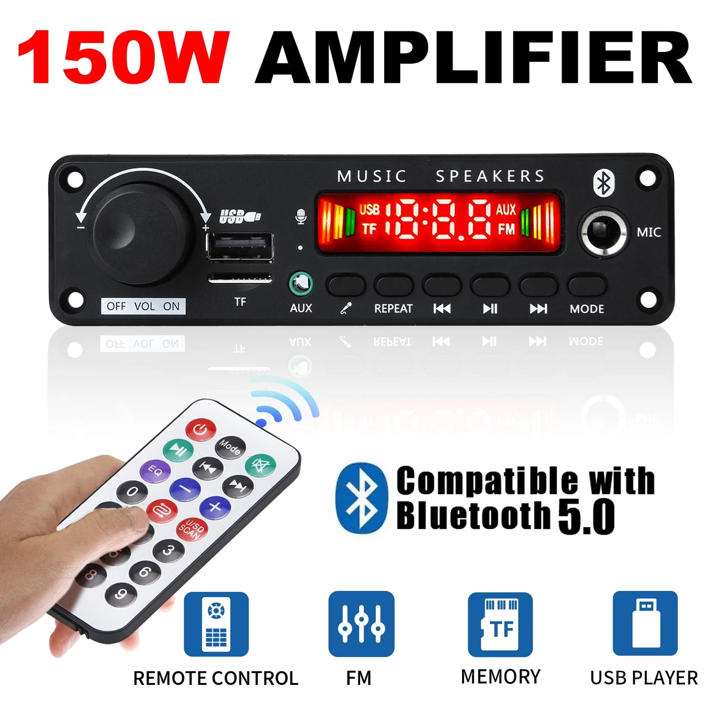 Bluetooth 5.0 MP3 Decoder Board 160W 150W Amplifier Audio Player 12V DIY MP3 Player Car FM Radio Module TF USB Mic Record Call