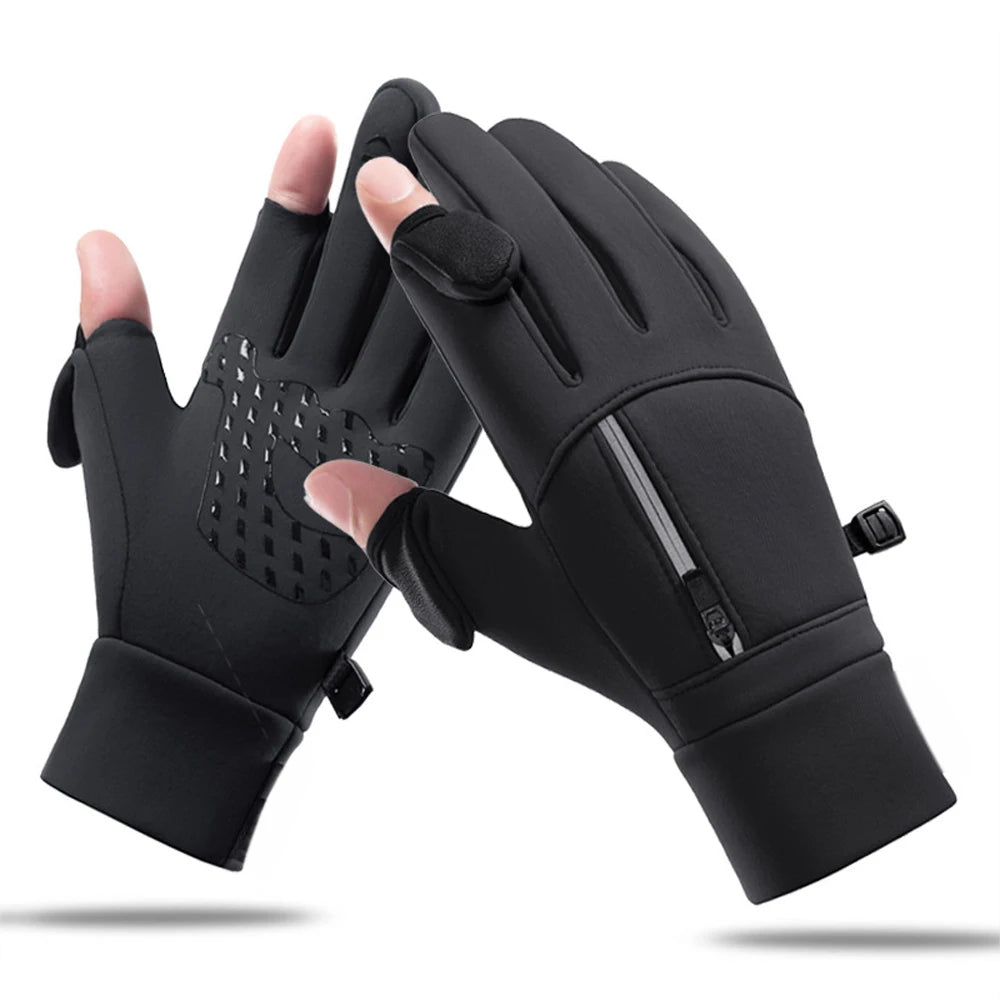 Winter Warm Gloves Flip Over Expose Two Fingers Gloves Waterproof Windproof Touch Screen Gloves Cycling Ski Fishing Gloves