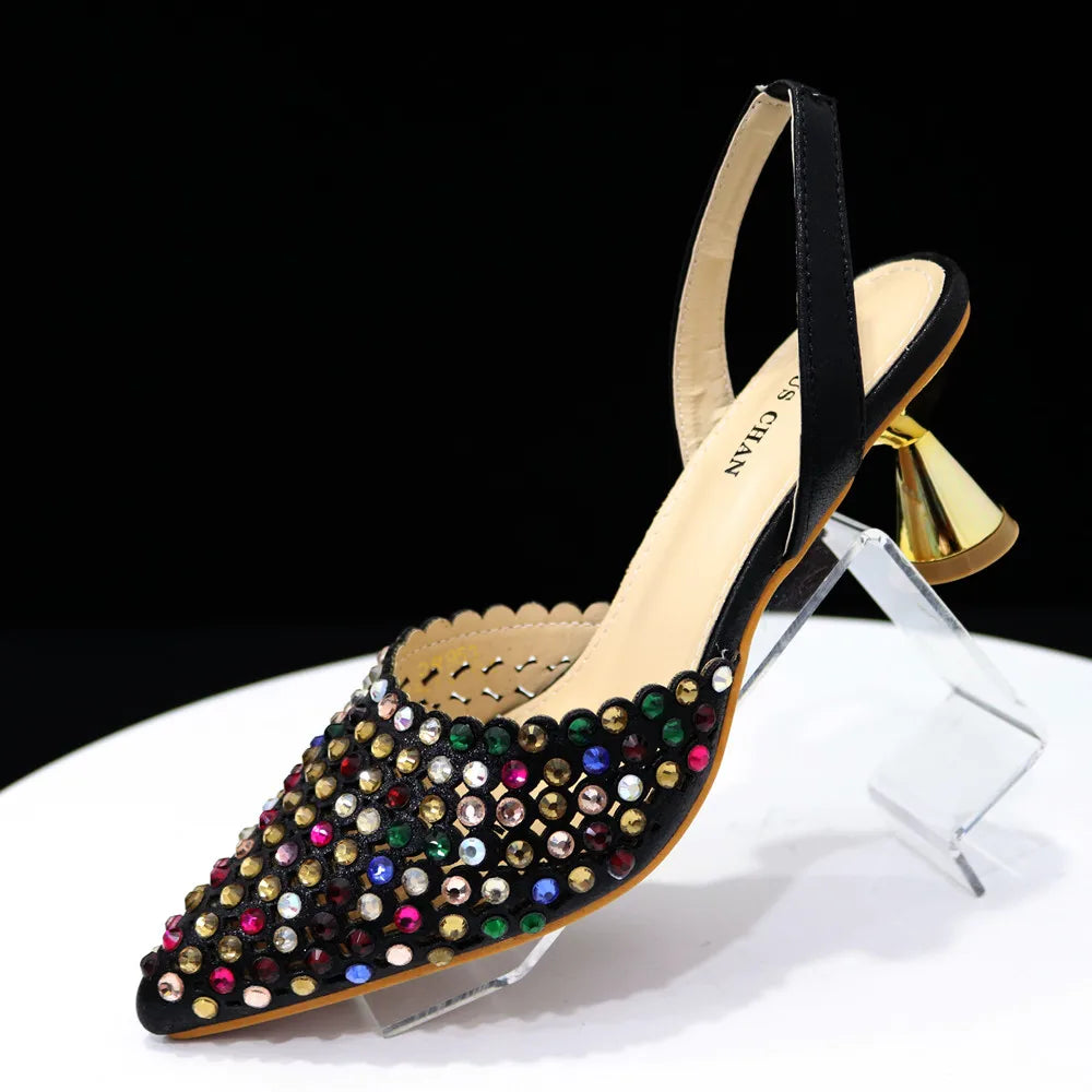 Venus Chan High Heels for Lady 2023 Luxury Designer Green Color Full Diamond Pointed Toe Wedding Shoe and Bag Set for Party