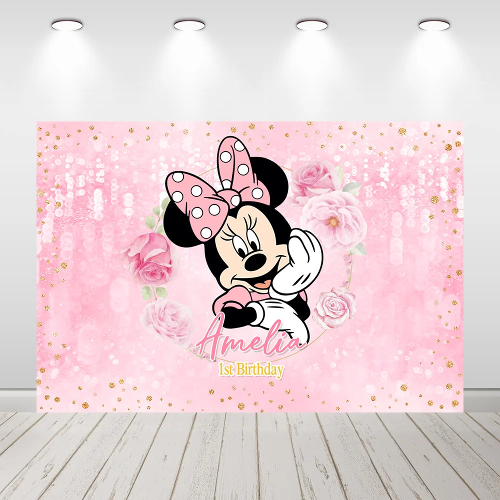 Girl Birthday Decoration Minnie Mouse Pink Backdrop Banner Personalise Name Flowers Minnie Background for Photo Studio Photocall