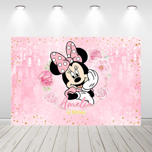 Girl Birthday Decoration Minnie Mouse Pink Backdrop Banner Personalise Name Flowers Minnie Background for Photo Studio Photocall