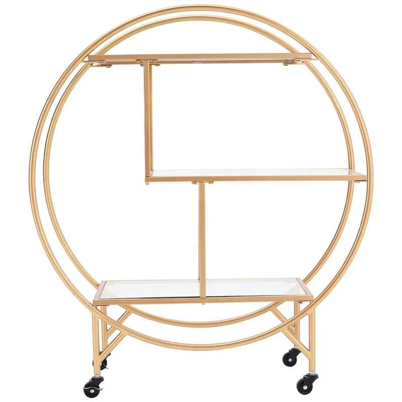 Light Luxury Round Frame With 4 Wheel 3 Tier Gold Metal With Mirror Trolley Bar Cart Hotel Furniture Cart Home Garden Storage