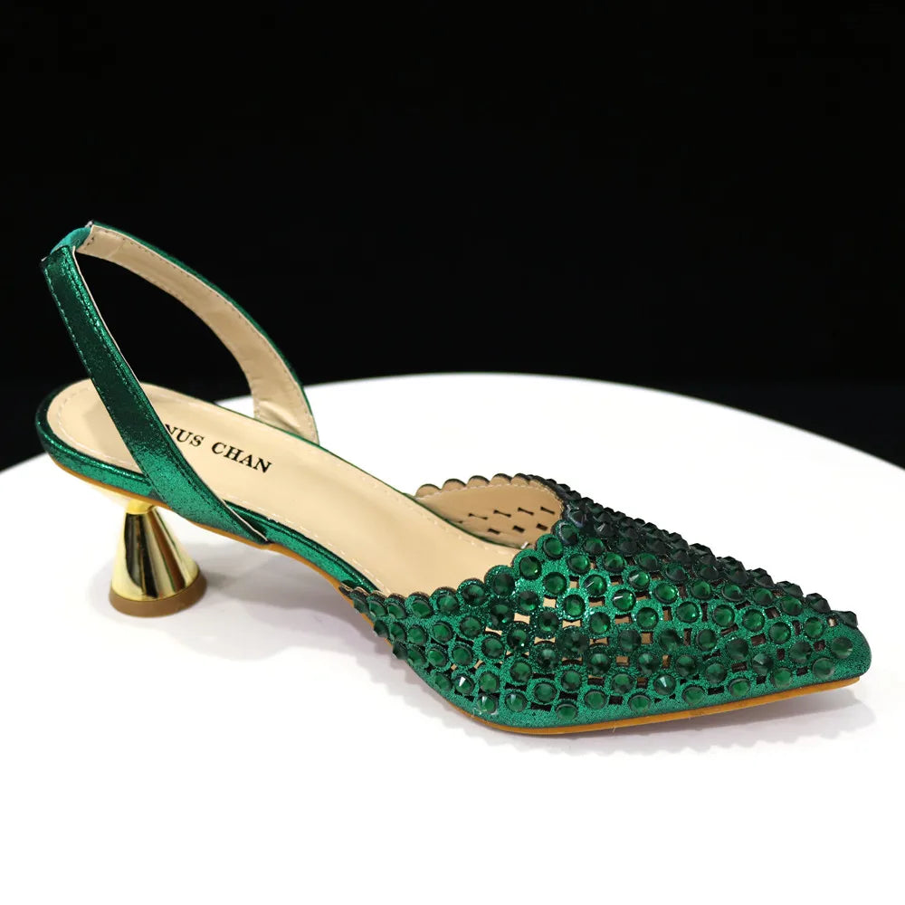 Venus Chan High Heels for Lady 2023 Luxury Designer Green Color Full Diamond Pointed Toe Wedding Shoe and Bag Set for Party