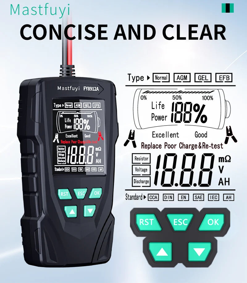 MASTFUYI Car Battery Tester 12V/24V Battery System Analyzer 50-2000CCA Battery Health Display Comprehensive Diagnostic Test Tool