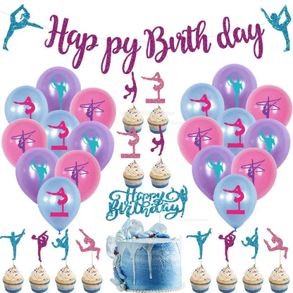 Sports Party Scenes Decor Gymnastics Theme Birthday Party Decoration Balloons Happy Birthday Banner Cake Topper Set Girl