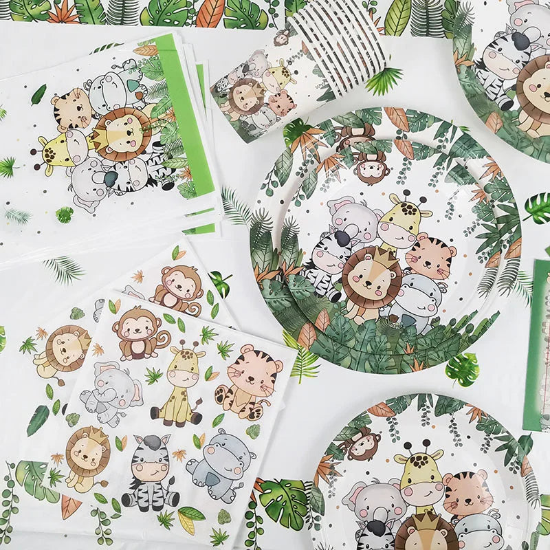 Jungle Animal Theme Party Decoration Disposable Tableware Paper Plates Wild One Birthday Party Kids Forest Safari Party Decor