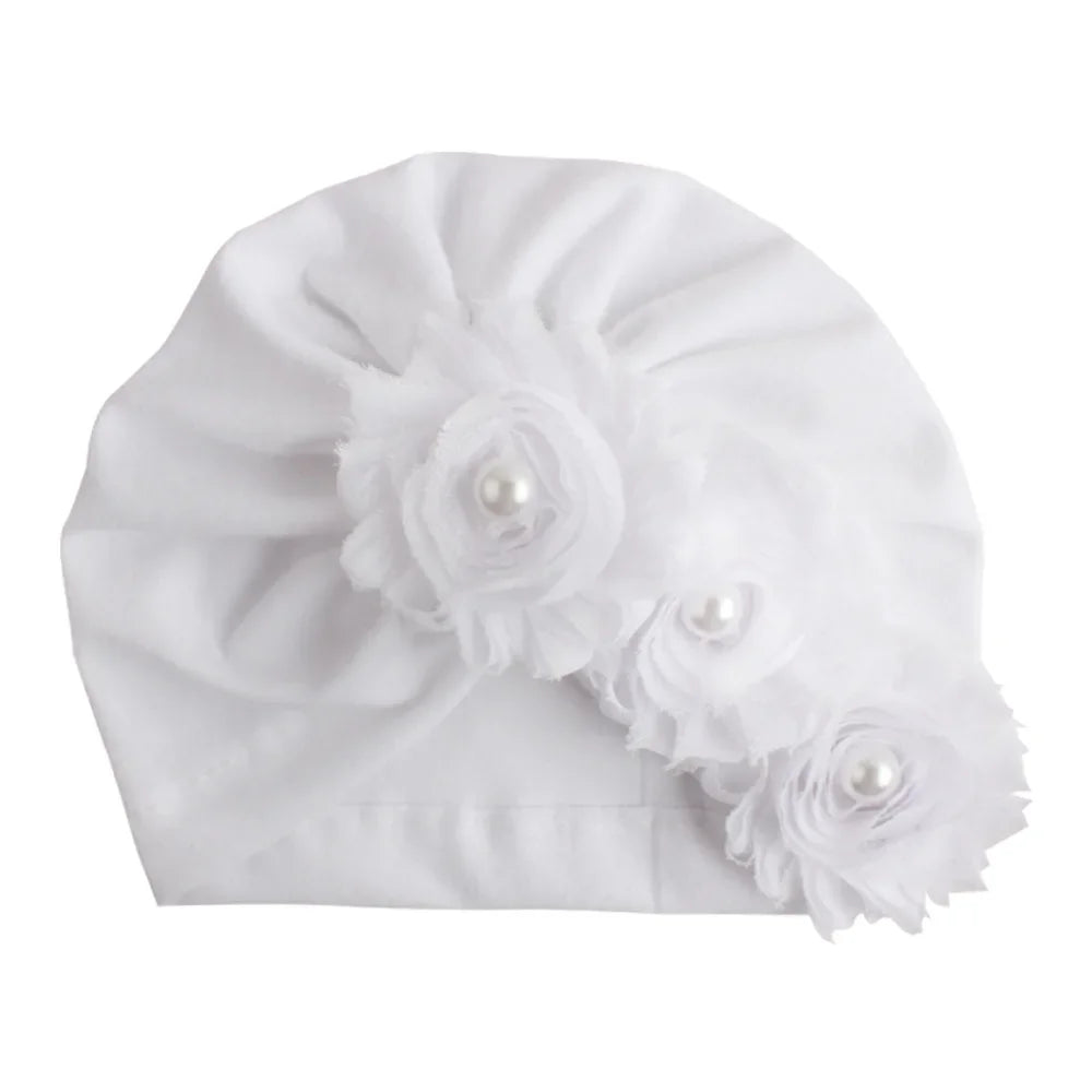 Cute Infant Newborn Caps with Pearl Chiffon Flowers Cotton Blend Kont Turban Girls Stretchy Beanie Hat Baby Hair Accessories