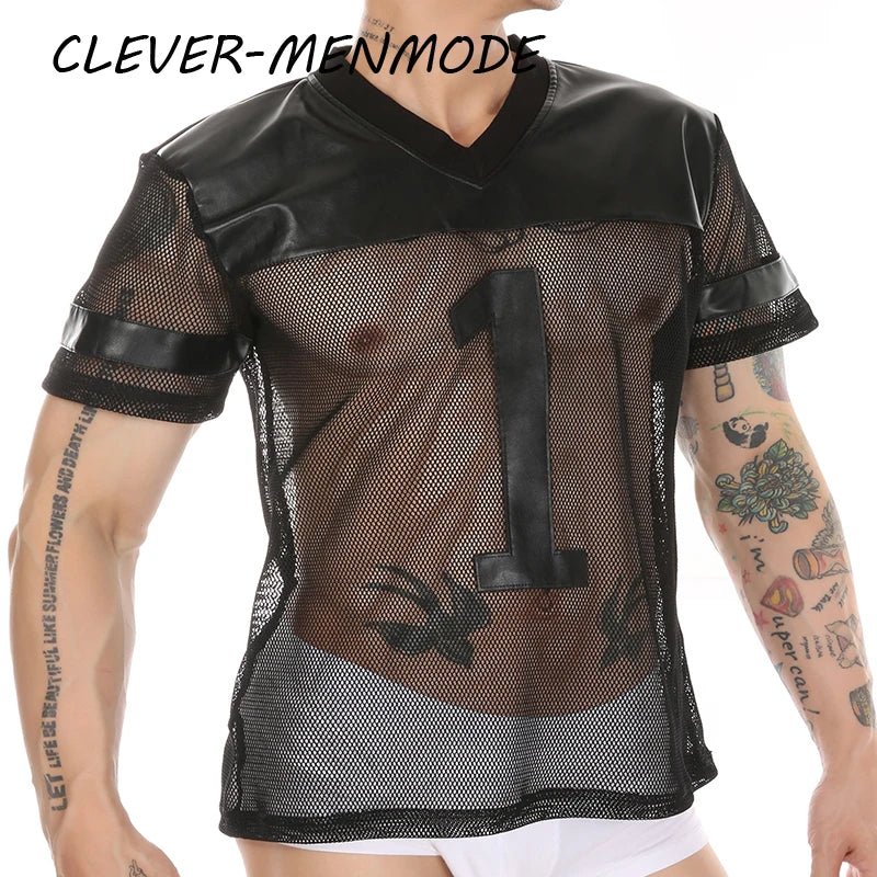 Men's Sexy Faux Leather Fishnet Short Sleeve Cutout PU T Sleeve Breathable V-Neck Short Sleeve Basketball Jersey Sportswear