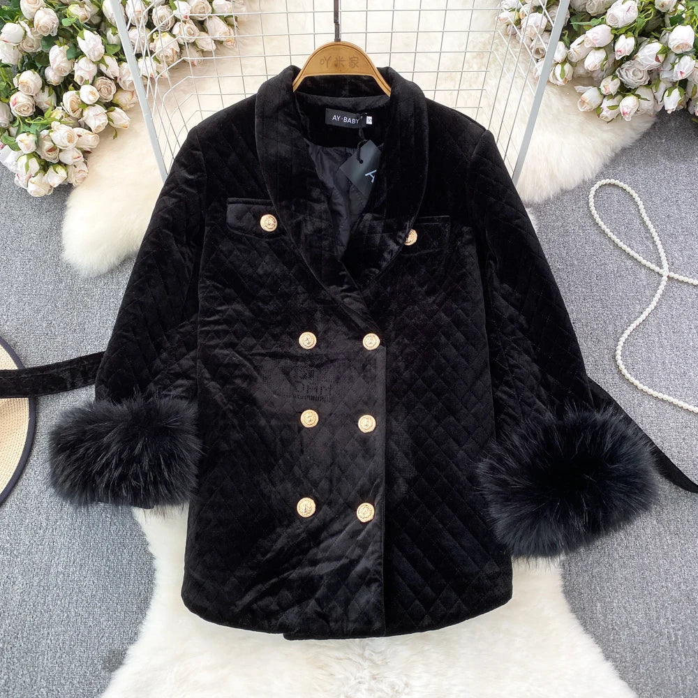 XFPV Women Velvet Feather Lace-up Korean Version Double Breasted Blazer Lapel Long Sleeve Warm Coat Autumn Winter 2025 SM9917