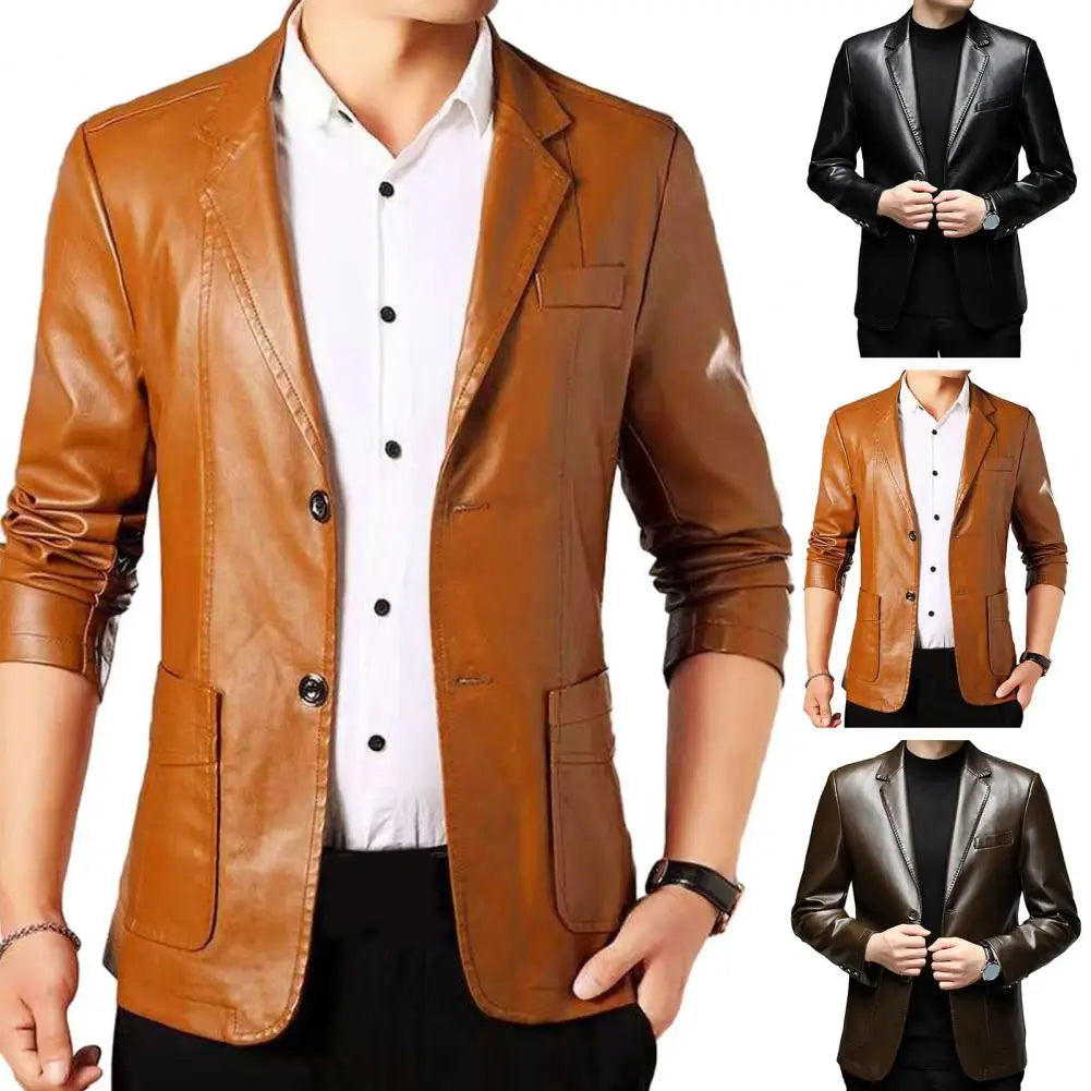 Fashionable Men Jacket with Cuff Buttons Stylish Men's Faux Leather Jacket with Lapel Collar Button Cuffs Pocket for Outdoor