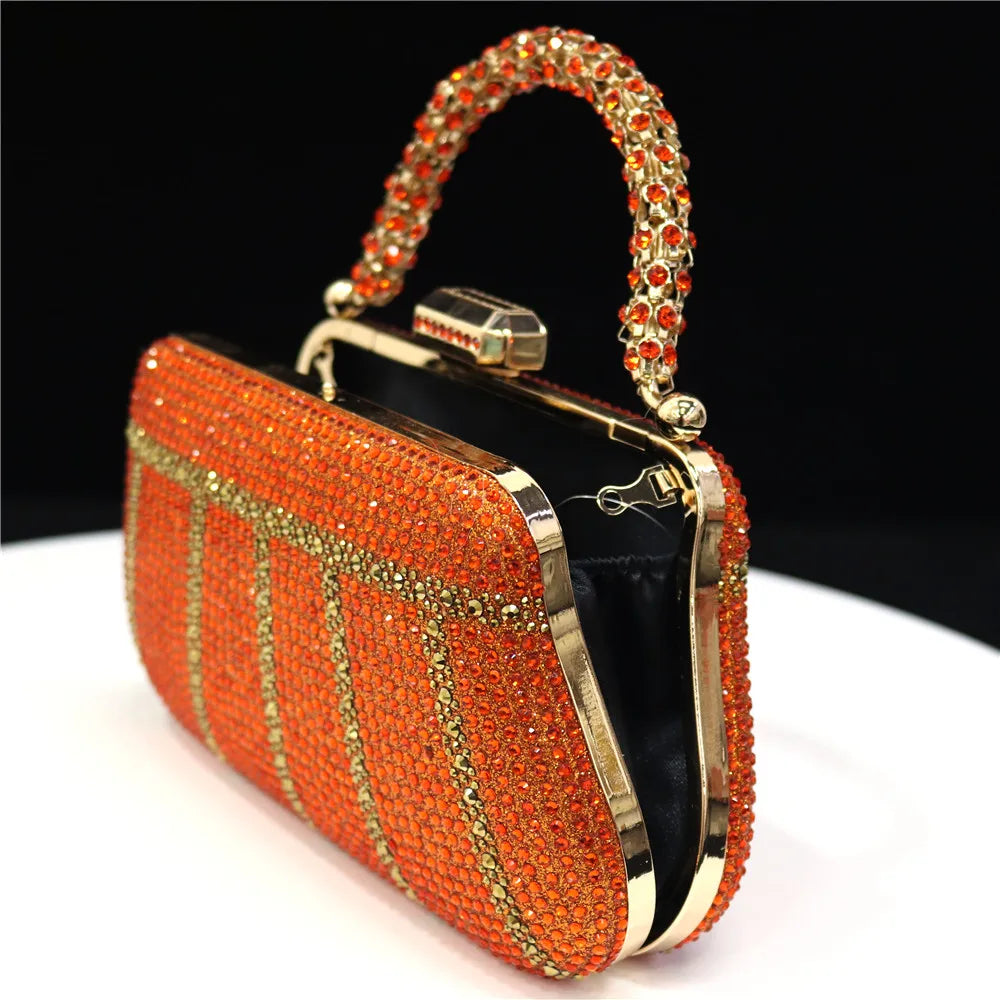 Popular In Nigeria Exquisite Evening Bags With Diamond Design Fashion Handle Clutch Rhinestone Embellished Long Chain Bag