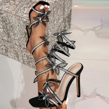 Eilyken Elegant Design Crystal Butterfly-knot Ankle Strap Woman Sandals Sexy Open Toe Thin High Heels Stripper Party Pumps Shoes