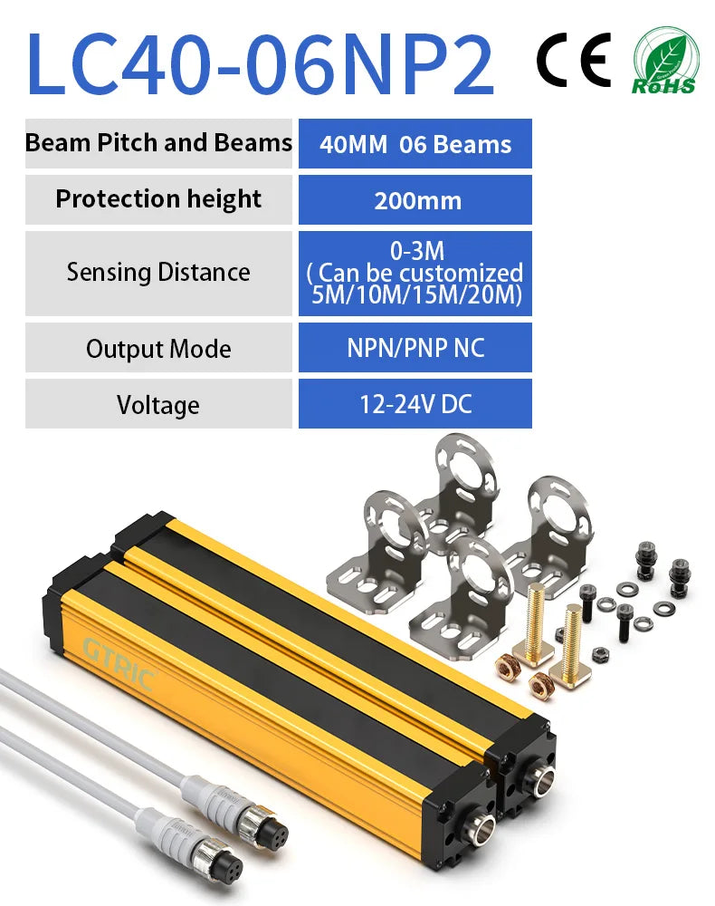 GTRIC Safety Light Curtain Sensor Infrared Photoelectri Grating Barrier 40mm Resolution Area Protection Device NPN PNP 12-24V DC