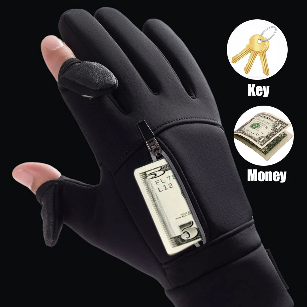 Winter Warm Gloves Flip Over Expose Two Fingers Gloves Waterproof Windproof Touch Screen Gloves Cycling Ski Fishing Gloves