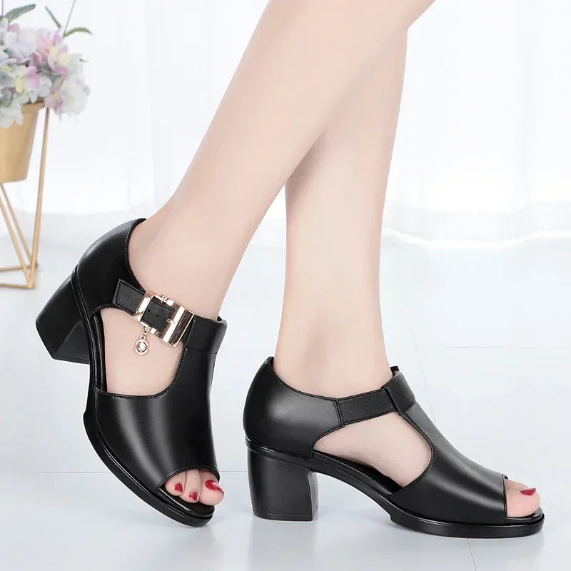 2024 Summer New Fashion Women Sandals Fish Mouth Shoes for Women Chunky Heel Metal Decorative Buckle Casual Sandals Female