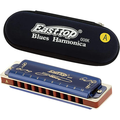 East top Harmonica 008K Blues Harp Mouth Organ10 Holes 20 Tones Diatonic Blues Harmonica with Blue Case, Top Grade Harmonica