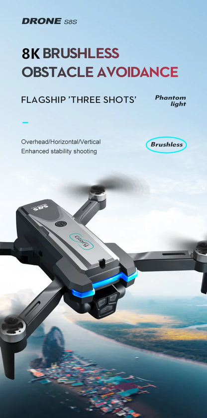 New S8S RC Drone Brushless 8K Three ESC Camera Optical Flow 360° Obstacle Avoidance Headless Mode Foldable Quadcopter