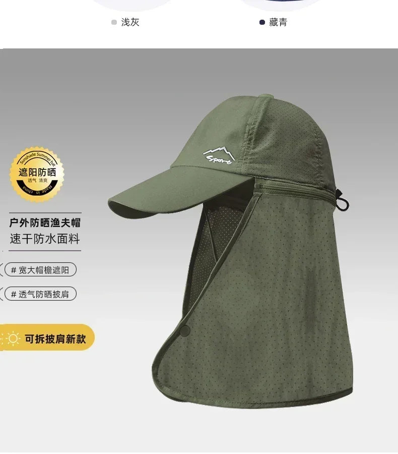 Men Summer Fishing Sun Protection Baseball Cap Quick Drying Waterproof Detachable Sun Cap Shawl Women Outdoor Bicycle Visor Nasi