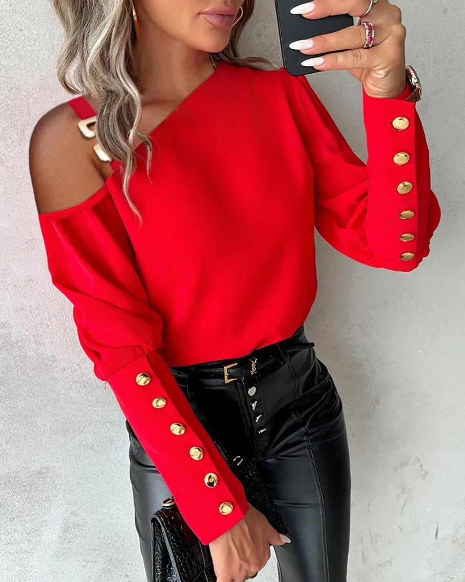 Fashion Lantern Sleeve Button Splicing Shirt Women Elegant Office Commuter O Neck Blouse Female Autumn Spring Daily Casual Tops