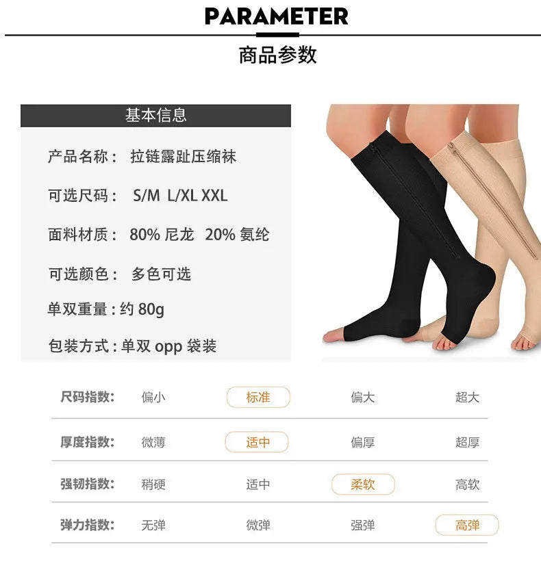 Medical Zipper Compression Sock Women Men High Elasticity Nylon Closed Toe Pressure Stocking for Edema Varicose Veins