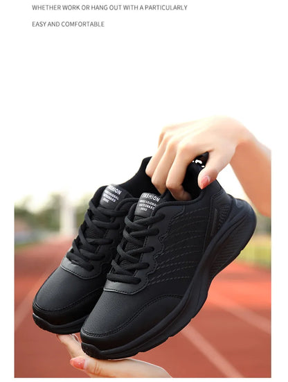 Waterproof Leather Chunky Sneakers for Women, Running Shoes, Casual Sports Shoes, Black Trainers, Autumn, Spring