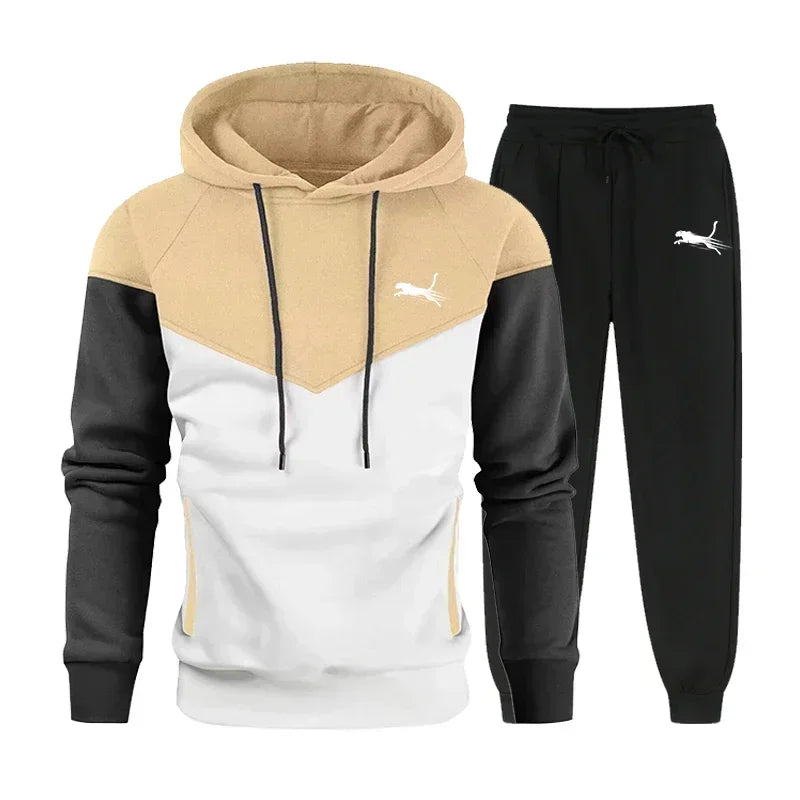 Autumn Winter New Men's Print Hoodies Outdoor Sportswear Set Street Simplicity Fashion Hooded Sweatshirt Two Color Matching Top