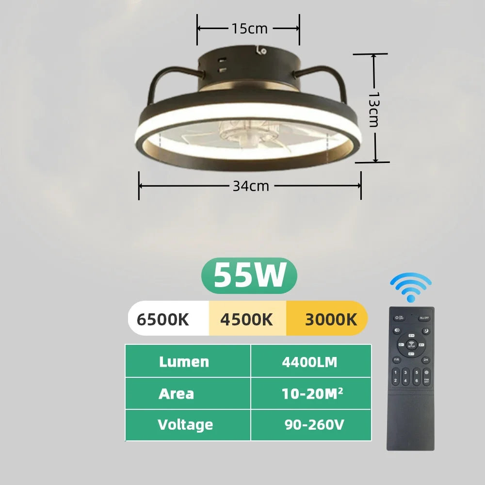 55W Ceiling Fan With Light, Ceiling LED Light Fan with Remote, Electric fan with LED Lamp for Home Rooms Bedroom 34cm