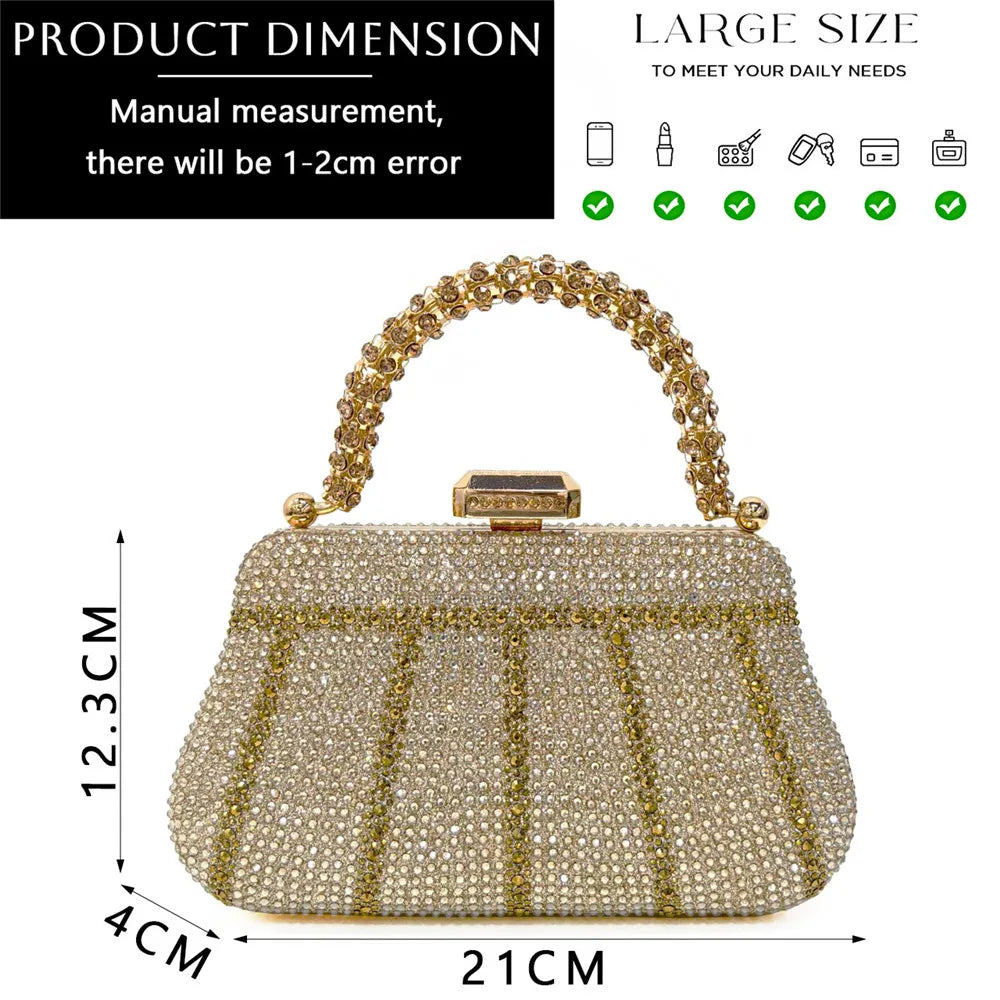 Popular In Nigeria Exquisite Evening Bags With Diamond Design Fashion Handle Clutch Rhinestone Embellished Long Chain Bag