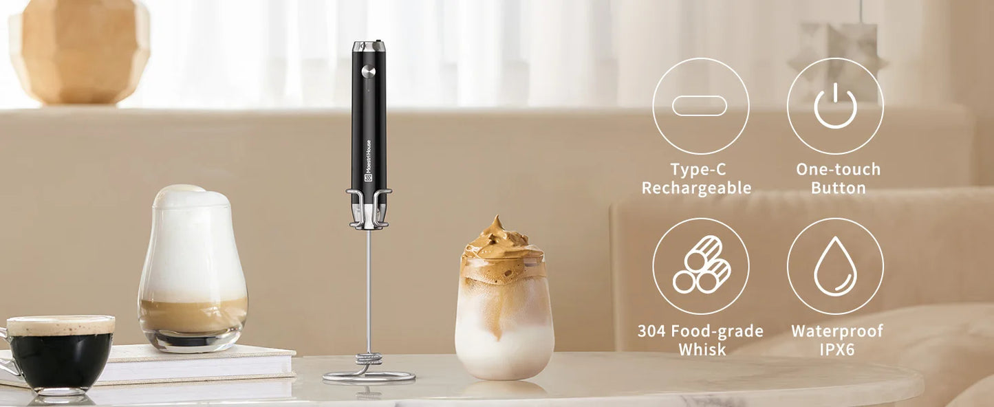 Maestri House Rechargeable Milk Frother with Stand Handheld Electric Foam Maker Waterproof Detachable Stainless Steel Whisk