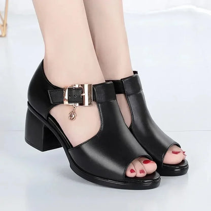 2024 Summer New Fashion Women Sandals Fish Mouth Shoes for Women Chunky Heel Metal Decorative Buckle Casual Sandals Female