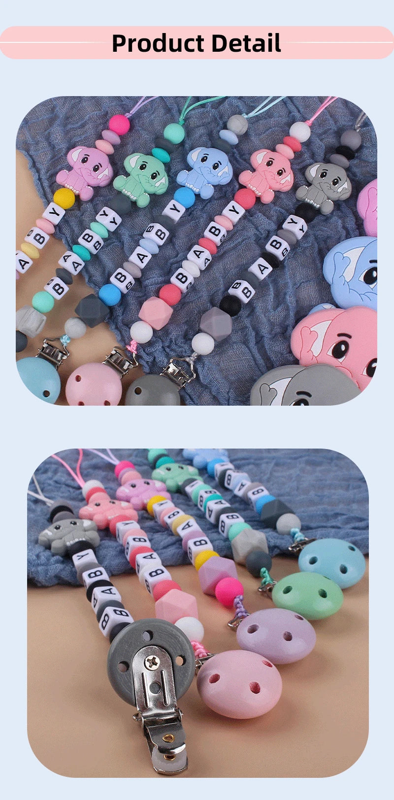 Baby Personalized Name Pacifier Clip Newborn Pacifiers Holder Custom Elephant Gum Nipple Chain Set Silicone Teething Toy Gift