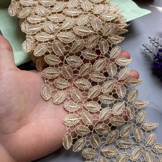 2 yard Gold 11cm Polyester Pearl Flower Embroidered Lace Trim Ribbon Fabric Handmade DIY Wedding Dress Sewing Supplies Craft Hot