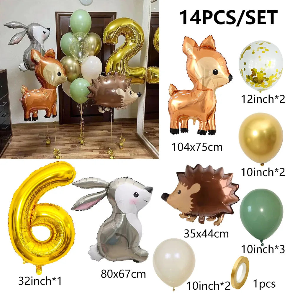 14pcs Gold 32inch Number Animal Foil Balloon Birthday Party Decorations Kids Boy Girl 1 2 3 4 5 6 7 8 9 Year Old Safari Supplies