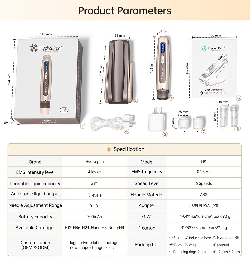 New Arrival Derma Pen 4-pole EMS Microcurrent Beauty Machine Hydra Pen H5 Automatic Infusion Microneedling Pen