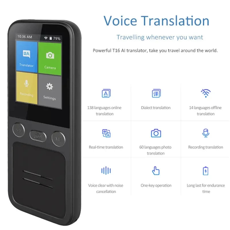 Portable T16 Instant Intelligent Voice Translation Recording 138 Language Real Time Smart Offline Translation Machine