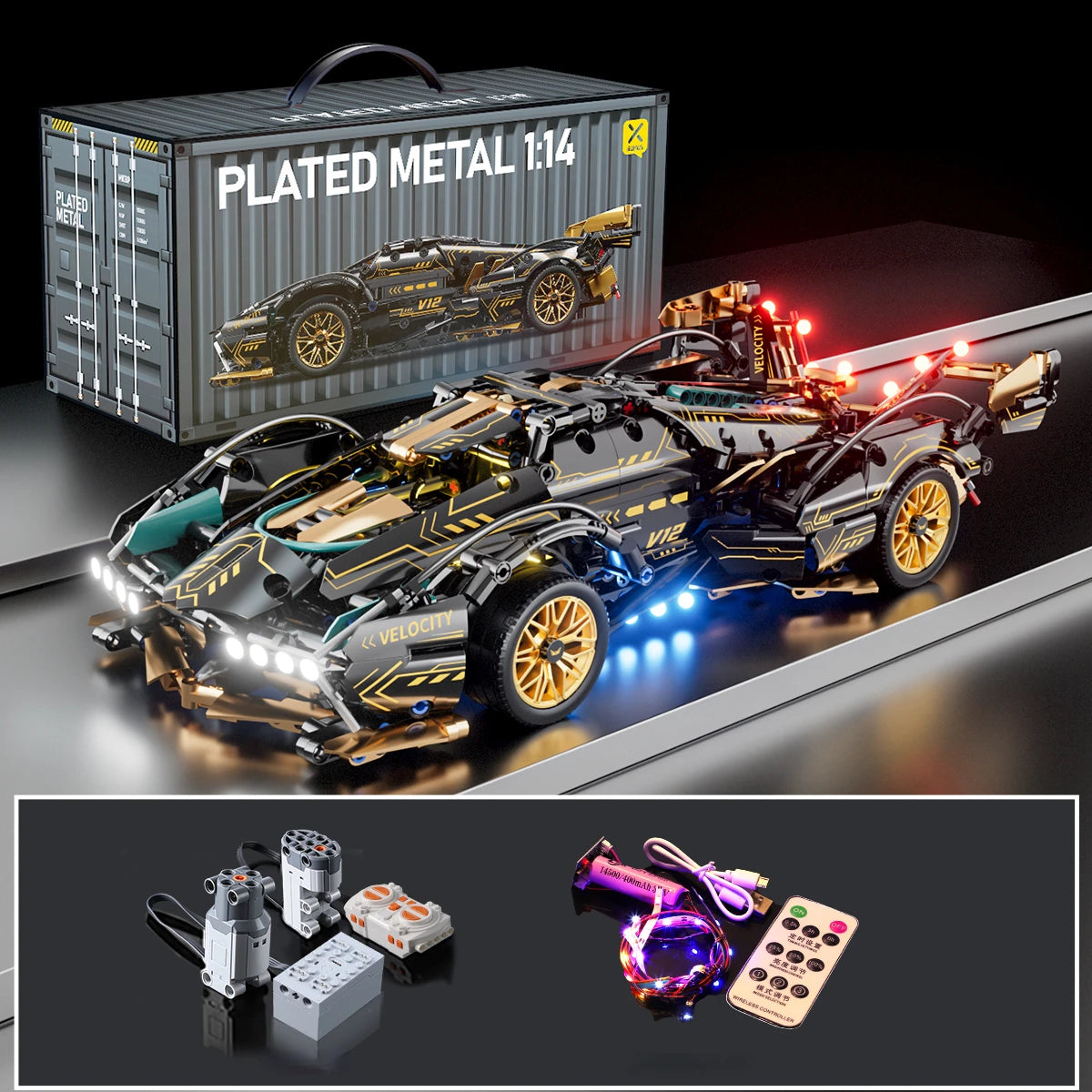 Black V12 Block Roadster RC Tech Racer 1:14DIY Roadster building block assembly Block car toy birthday gift