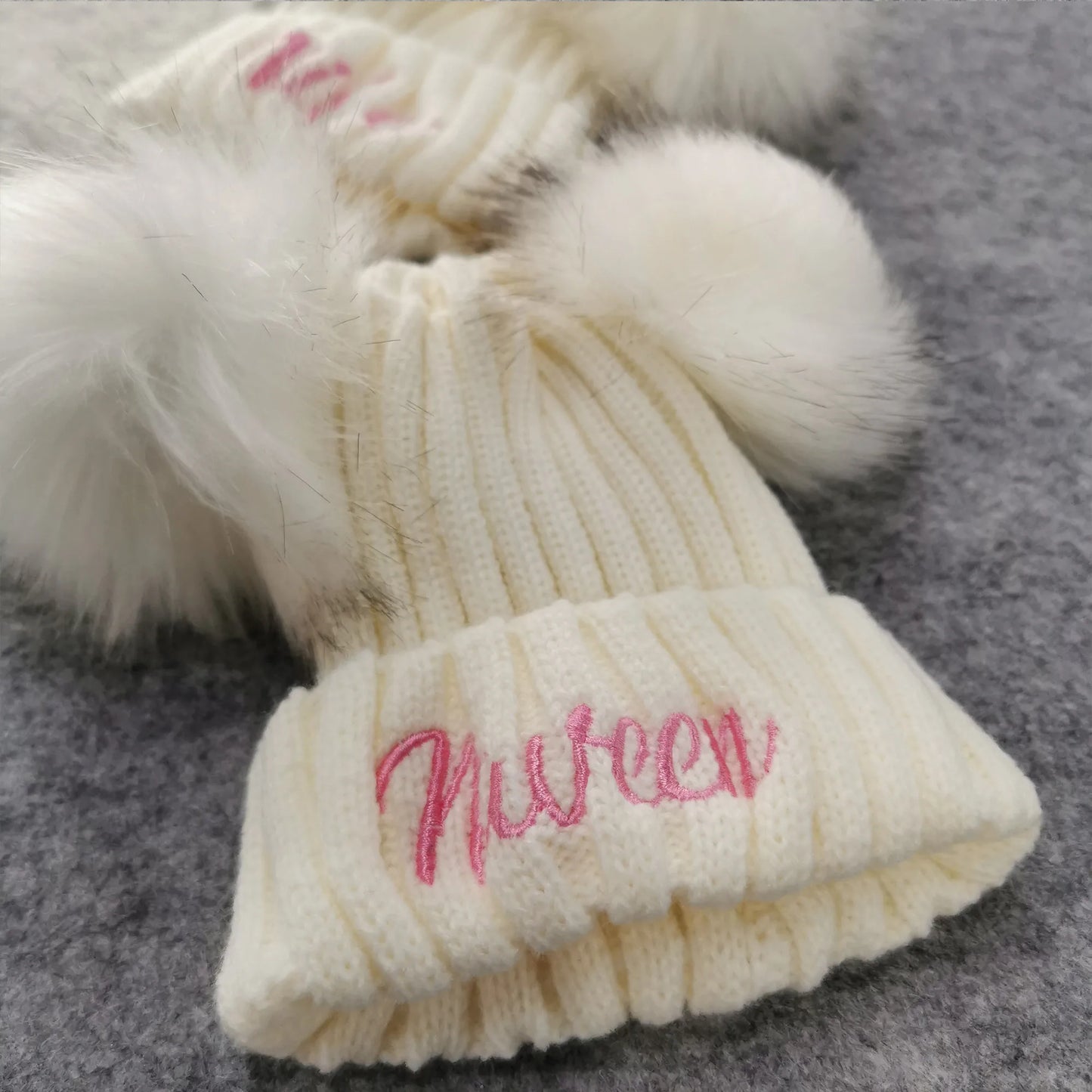 Embroidered Name Kids Double Pom Pom Beanies Hat Christmas Baby Shower Gift Winter Hat Personalized Baby Name New Year Hat