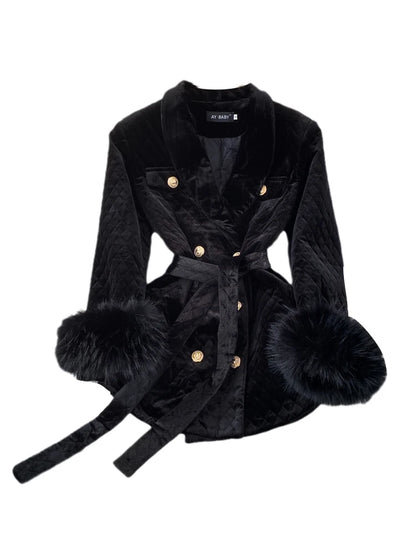 XFPV Women Velvet Feather Lace-up Korean Version Double Breasted Blazer Lapel Long Sleeve Warm Coat Autumn Winter 2025 SM9917