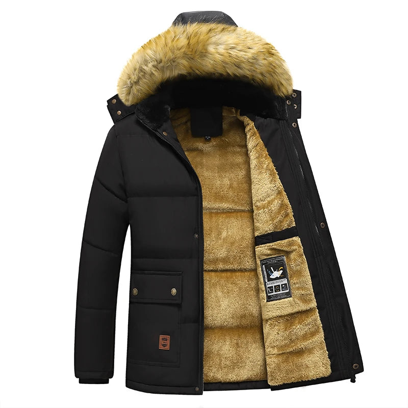 Men 2024 Winter New Windproof Fleece Warm Thick Jacket Parkas Coat Men Fashion Hooded Fur Collar Jacket Classic Casual Parka Men