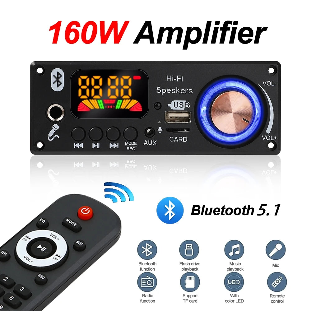 Bluetooth 5.1 DIY 160W Amplifier MP3 Decoder Board 12V Microphone FM Radio TF USB Car Audio Music Player Speaker Volume Control