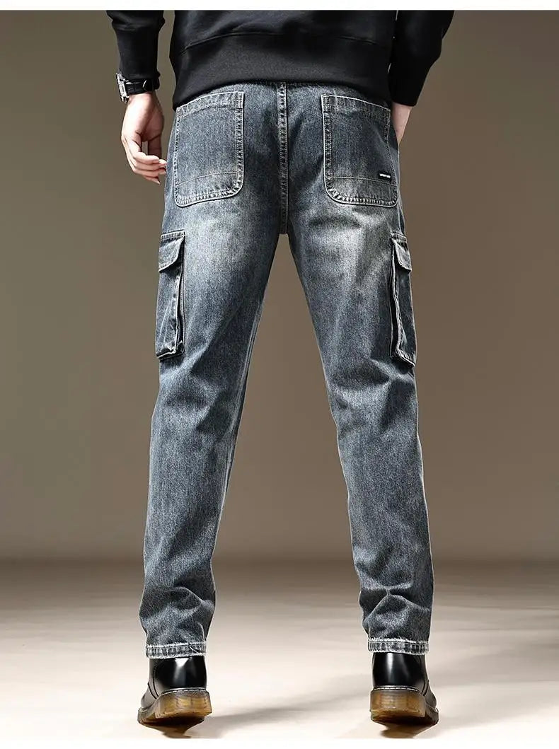 American Fashion High Street Loose Straight Cargo Jeans Men's Solid Patchwork Button Zipper Pockets Versatile Casual Pants 2024