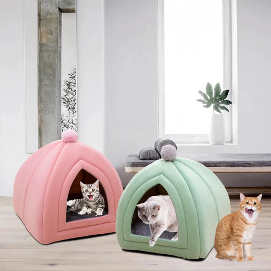 Cute Pet Cat Bed Semi Closed Dog House Sofa Nest Velvet Washable Puppy Kennel Warm Comfortable Tent for Indoor Outdoor