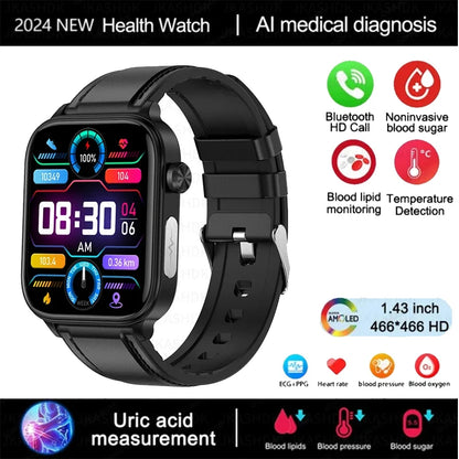 2024 New Medical Grade Smart Watch Men Blood Glucose Lipid and Uric Acid AI Diagnostic Detector Bluetooth Call Health Smartwatch