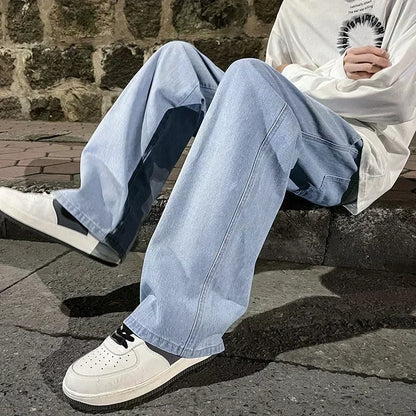 2024 New Streetwear Loose Jeans Men Korean Style Fashion Loose Straight Wide Leg Pants Men's Brand Clothing Black Light Blue