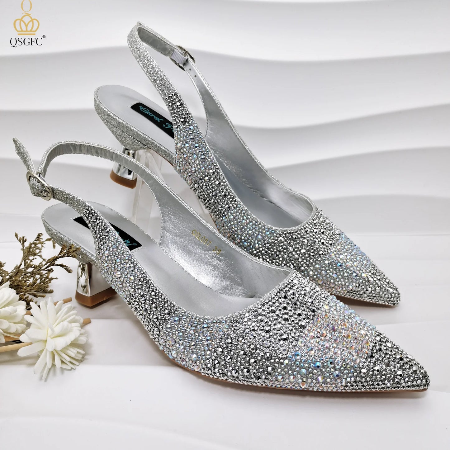 QSGFC Nigerian Women Heel Party Ladies Italian Design Green Shoes And Bag Set Decorated with Rhinestone Handbag Wedding Party