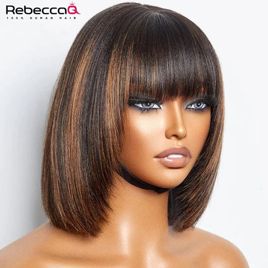 Highlight Blonde Short BOB 3x1 Lace Glueless Human Hair Wig Ready To Go Brazilian 1b/30 Straight Bob Bone With Bangs For Women