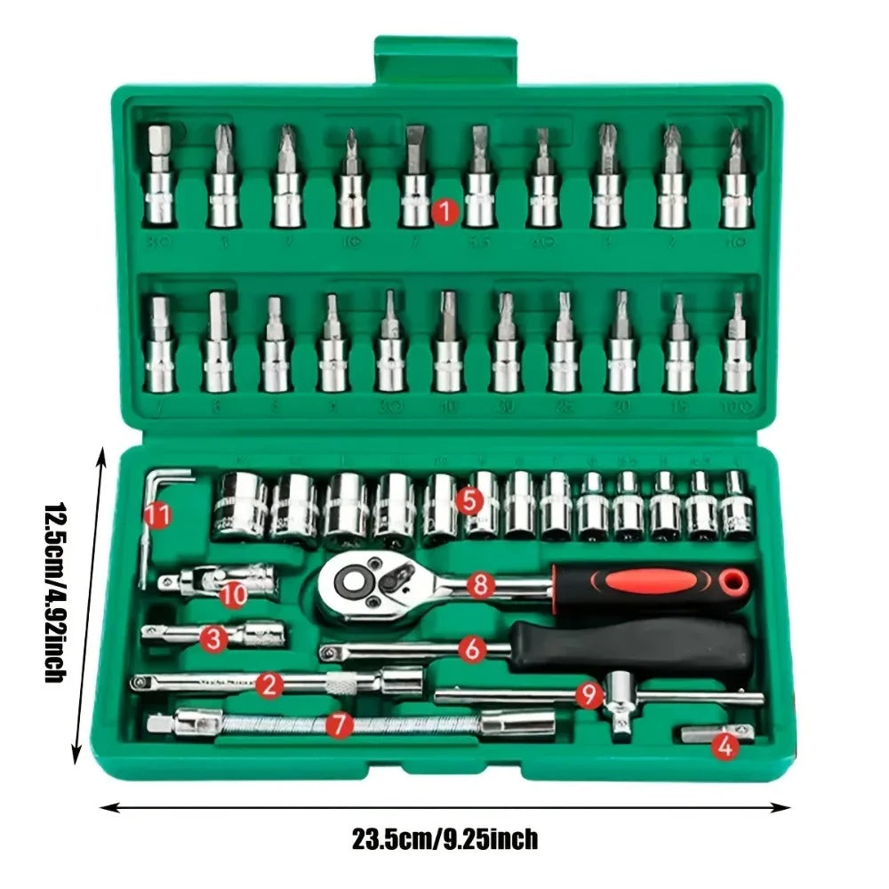 46pc Drive Socket Set 1/4 Inch Ratchet Wrench Set with Sockets Metric Hex Bit Socket Set Mechanic Tool Kits for Auto Repair Hous