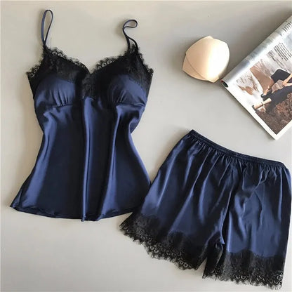 Women Pajama Suit Fashion V-Neck Stretch Satin Babydoll Lace Sexy Lingerie Bowknot Pyjamas Sleep Shorts Set Sleepwear New