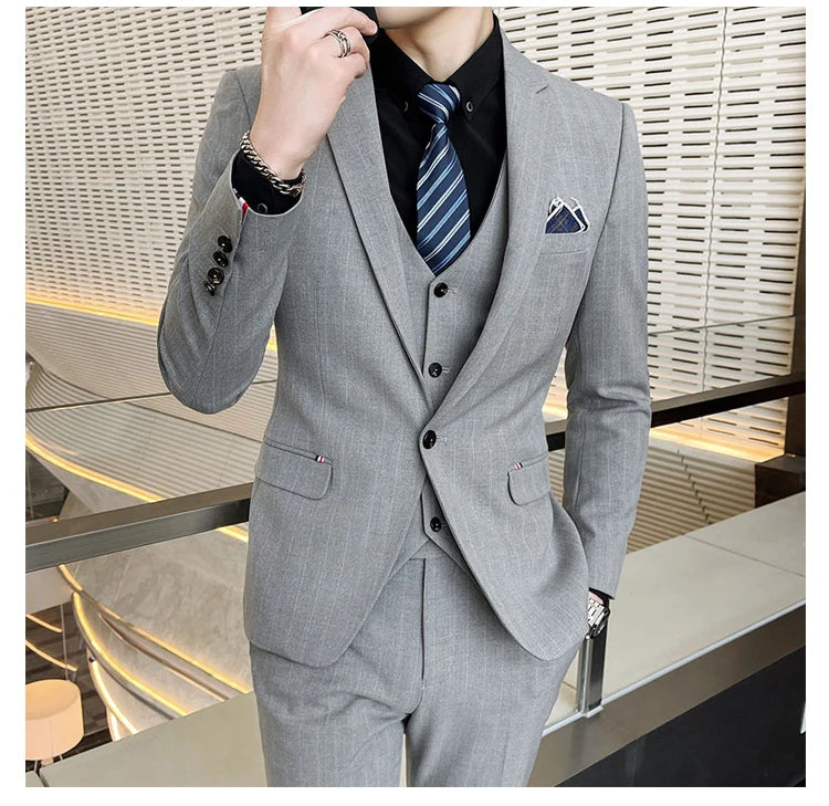 2024 Groom Wedding High-grade Suit (suit + Vest + Trousers) Winter Stripes Business Fashion Handsome Casual Suit Three-piece Set