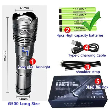 Most Powerful GT60 LED Flashlight Long-range Lighting Long Endurance Powerful Torch Type-C Charging Tactical Camping Lantern